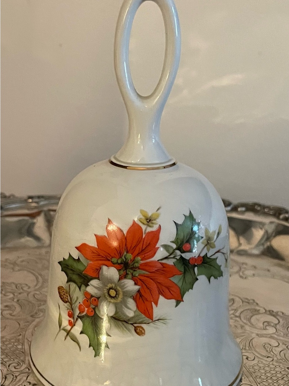 Vintage Sandler White Ceramic Bell with Red Poinsettia